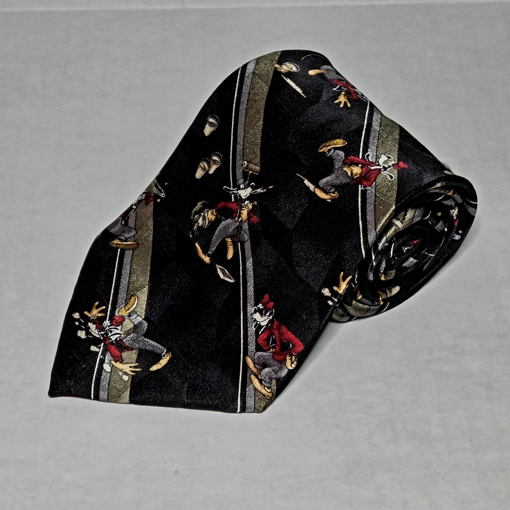 Mickey & Co. Goofy Janitor Tie 100% Silk Black Gold Silver Disney EUC